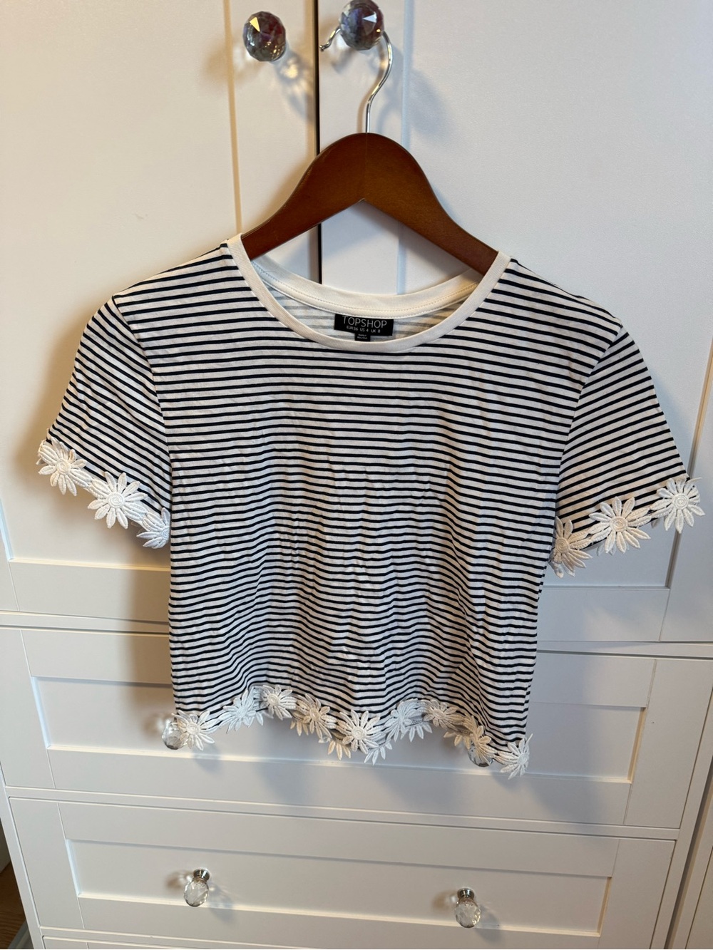 Topshop Black & White Striped Daisy-Trim Crop Tee